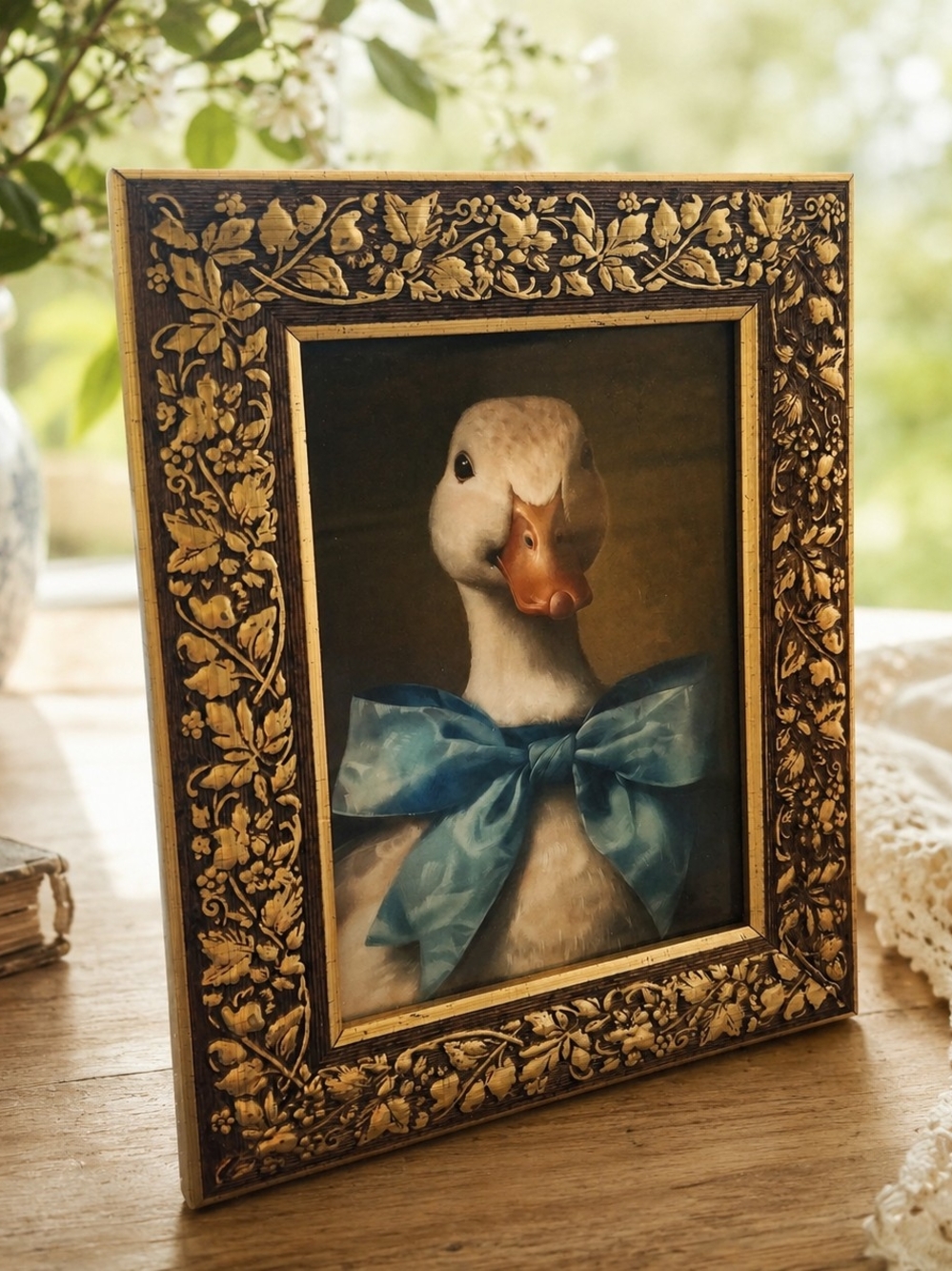 Duck GOOSE with Blue Bow Framed Art 5x7